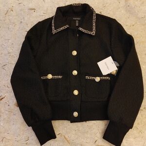 NWT Ellen Tracy Black Tweed Boucle Bomber Jacket Gold Button Size XS Retail $179